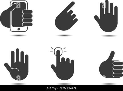 Vector set of black and white hand icons. Hand holding phone, click, say hi, like, etc. Stock Vector