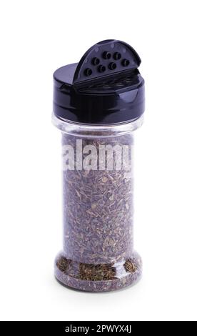Open Jar of Basil Spice Cut Out On White. Stock Photo