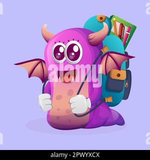 Cute purple monster carrying a schoolbag, backpack, back to school. Perfect for kids, small business or e-Commerce, merchandise and sticker, banner pr Stock Vector