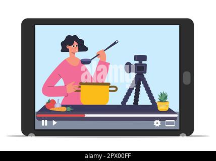 Video bloggers online streaming. Social media content creators, cooking video guides. Female character preparing soup for social media vlog. Tablet ga Stock Vector