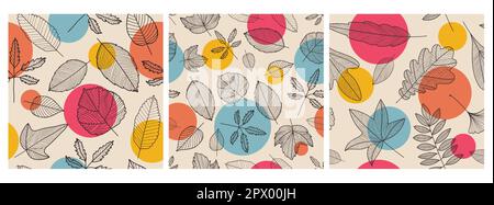 Vector set of seamless patterns. Hand drawn lineleaves with colorful circles, autumn backgrounds Stock Vector