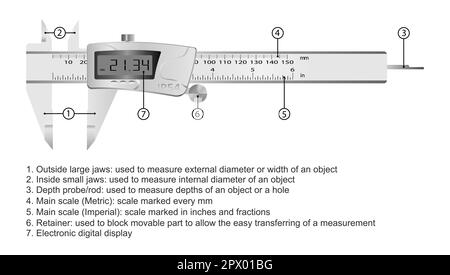 Realistic digital caliper with scale and screen. Explanatory note to the caliper device. Vector illustration Stock Vector