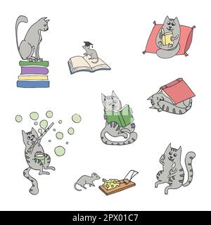 vector illustration of set with funny cats. Hand drawn cute cats Stock Vector