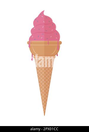 Strawberry ice cream cone in flat style Vector. Tasty pink ice cream Stock Vector