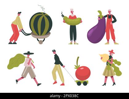 Tiny people with fruits and vegetables, farm organic healthy food illustration set. Female and male characters carrying raw food. Man and woman with v Stock Vector