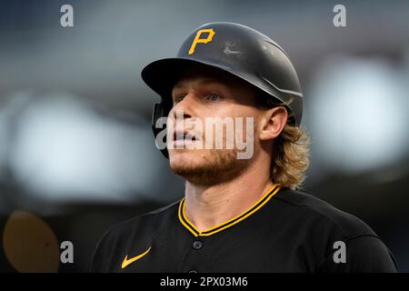 Pittsburgh Pirates' Connor Joe walks in the dugout before a baseball game  against the Cincinnati Reds in Pittsburgh, Friday, April 21, 2023. (AP  Photo/Gene J. Puskar Stock Photo - Alamy