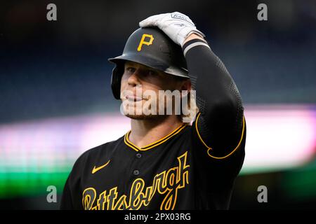 Pittsburgh Pirates' Connor Joe walks in the dugout before a baseball game  against the Cincinnati Reds in Pittsburgh, Friday, April 21, 2023. (AP  Photo/Gene J. Puskar Stock Photo - Alamy