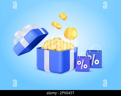 3d open gift box surprise with gold coins, flying coins, coins falling, cart, shopping online, shopping bag. loyalty program and get rewards, Money prize reward. 3d vector illustration. Vector illustration Stock Vector