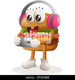 Cute burger mascot design playing game mobile, wearing headphones. Burger cartoon mascot character design. Delicious food with cheese, vegetables and Stock Vector