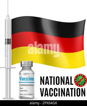 Flag of Germany with Vaccine Immunization Syringe and the Vial of Antibiotic for Vaccination. Concept of Health Care and National Vaccination with Ger Stock Vector
