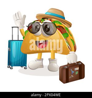 Cute taco mascot on vacation carrying a suitcase. Perfect for food store, small business or e-Commerce, merchandise and sticker, banner promotion, foo Stock Vector
