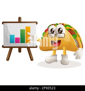 Cute taco mascot gives report presentation, shows column graphics. Perfect for food store, small business or e-Commerce, merchandise and sticker, bann Stock Vector