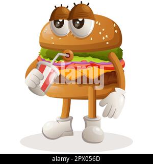 Cute burger mascot design drinking soda, cola. Burger cartoon mascot character design. Delicious food with cheese, vegetables and meat. Cute mascot ve Stock Vector