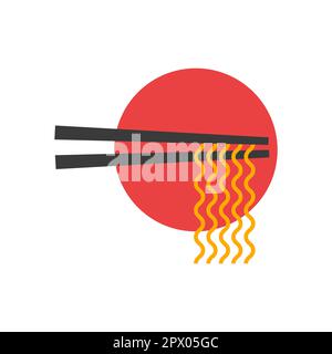 Ramen, sun and chopstick logo for Japanese restaurant. Udon logotype Stock Vector