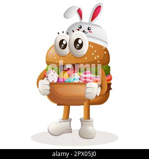 Cute burger wearing the bunny cap with holding easter egg in basket. Perfect for food store, small business or e-Commerce, merchandise and sticker, ba Stock Vector