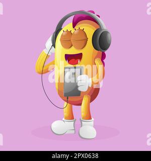 Cute yellow monster listening music on a smartphone using a headphone. Perfect for kids, small business or e-Commerce, merchandise and sticker, banner Stock Vector