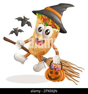 Cute burrito mascot witch with holding halloween pumpkin with candy on it. Perfect for food store, small business or e-Commerce, merchandise and stick Stock Vector