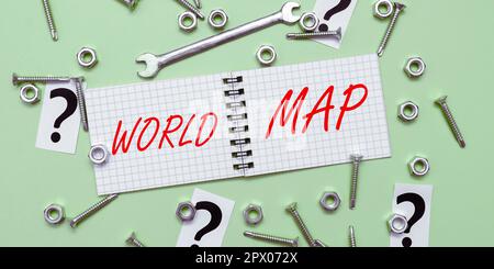 Writing displaying text World Map, Word Written on a diagrammatic representation of the surface of the earth Stock Photo