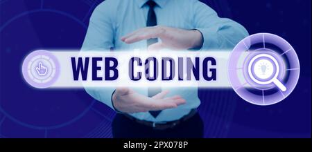 Text caption presenting Web Coding, Internet Concept work involved in developing a web site for the Internet Stock Photo