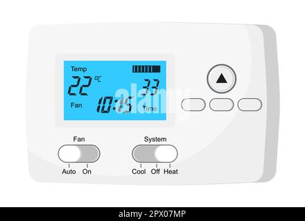 Thermostat vector. Controller with screen for floor, house heating, fan. Electronic thermostat controls and regulates temperaturein appartment Stock Vector