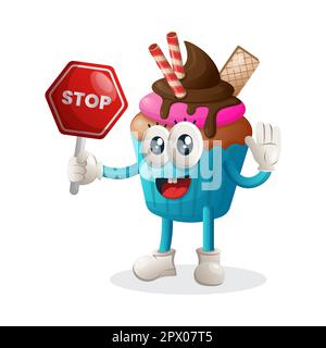 Cute cupcake mascot holding stop sign, street sign, road sign. Perfect for food store, small business or e-Commerce, merchandise and sticker, banner p Stock Vector