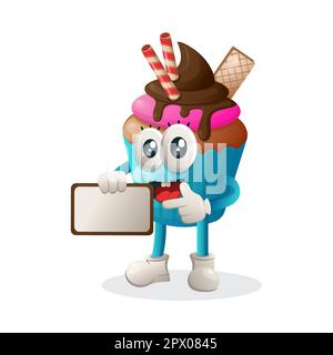 Cute cupcake mascot holding billboards for sale. Perfect for food store, small business or e-Commerce, merchandise and sticker, banner promotion, food Stock Vector