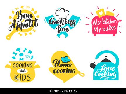 Cooking lettering labels. Kitchen utensils and accessories for culinary master class, restaurant or cafe stickers. Frying pan with bon appetit text, t Stock Vector