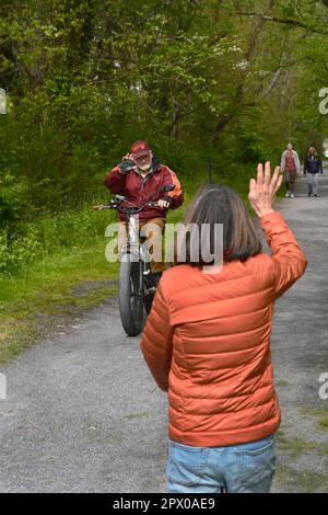 Two senior couples ride bicycles along the Virginia Creeper Trail in Abingdon, Virginia. Stock Photo