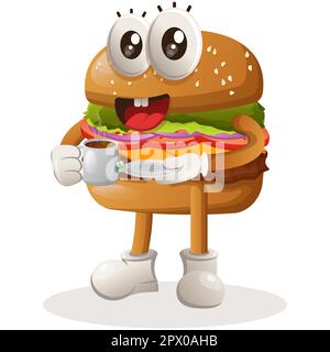 Cute burger mascot design drinking tea, tea time. Burger cartoon mascot character design. Delicious food with cheese, vegetables and meat. Cute mascot Stock Vector