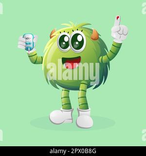 Cute green monster holding a blood glucose meter. Perfect for kids, small business or e-Commerce, merchandise and sticker, banner promotion, blog or v Stock Vector