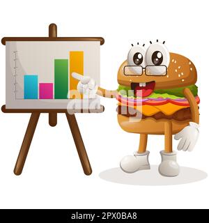 Cute burger mascot design gives report/ presentation, shows column graphics. Burger cartoon mascot character design. Delicious food with cheese, veget Stock Vector