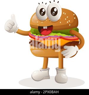 Cute burger mascot design thumbs up. Burger cartoon mascot character design. Delicious food with cheese, vegetables and meat. Cute mascot vector illus Stock Vector