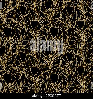 seamless contour pattern of large gray flowers on a black