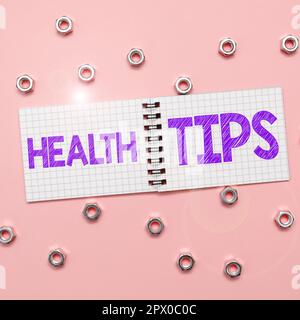 Conceptual caption Health Tips, Word Written on state of complete physical mental and social well being Stock Photo