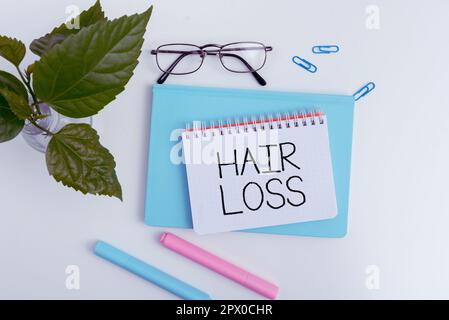 Text caption presenting Hair Loss, Business overview Loss of human hair from the head or any part of the body Balding Stock Photo