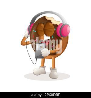Cute donut mascot listening music on a smartphone using a headphone. Perfect for food store, small business or e-Commerce, merchandise and sticker, ba Stock Vector