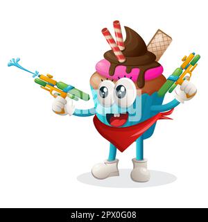 Cute cupcake mascot playing with water gun toy. Perfect for food store, small business or e-Commerce, merchandise and sticker, banner promotion, food Stock Vector