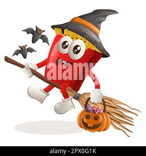 Cute french fries mascot witch with holding halloween pumpkin with candy on it. Perfect for food store, small business or e-Commerce, merchandise and Stock Vector