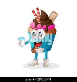 Cute cupcake mascot drink milk and eat cookie. Perfect for food store, small business or e-Commerce, merchandise and sticker, banner promotion, food r Stock Vector