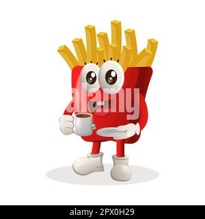 Cute french fries mascot drinking tea, tea time. Perfect for food store, small business or e-Commerce, merchandise and sticker, banner promotion, food Stock Vector