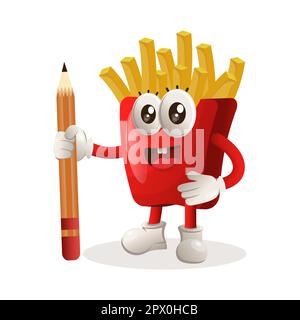 Cute french fries mascot holding pencil. Perfect for kids, small business or e-Commerce, merchandise and sticker, banner promotion, blog or vlog chann Stock Vector