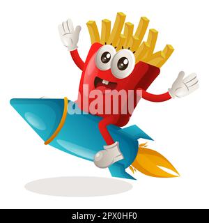 Cute french fries mascot flying on rocket. Perfect for food store, small business or e-Commerce, merchandise and sticker, banner promotion, food revie Stock Vector