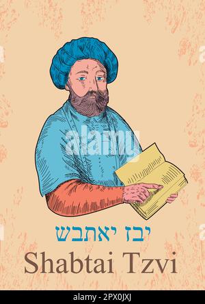 Illustration of a false messiah from the history of the Hebrew people. Jewish prophet of medieval times. Hebrew alphabet. Stock Vector