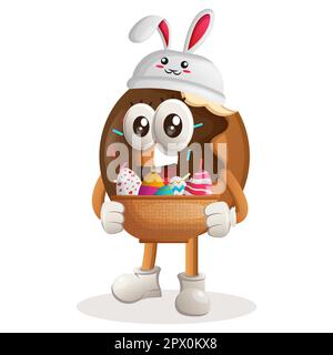 Cute donut mascot wearing the bunny cap with holding easter egg in basket. Perfect for food store, small business or e-Commerce, merchandise and stick Stock Vector