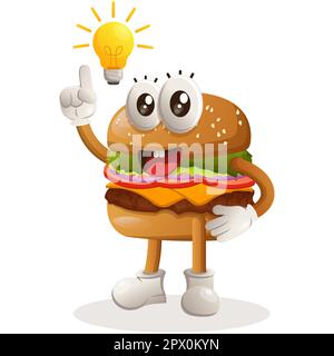 Cute burger mascot design got an idea, bulb idea, inspiration. Burger cartoon mascot character design. Delicious food with cheese, vegetables and meat Stock Vector