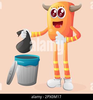 Cute orange monster placing reusable waste into garbage can. Perfect for kids, small business or e-Commerce, merchandise and sticker, banner promotion Stock Vector