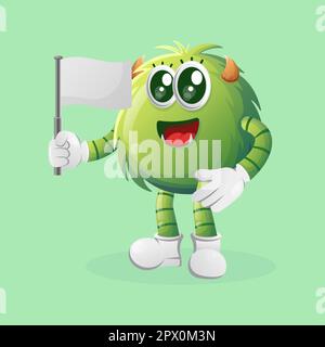 Cute green monster waving white empty flag. Perfect for kids, small business or e-Commerce, merchandise and sticker, banner promotion, blog or vlog ch Stock Vector