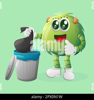 Cute green monster placing reusable waste into garbage can. Perfect for kids, small business or e-Commerce, merchandise and sticker, banner promotion, Stock Vector