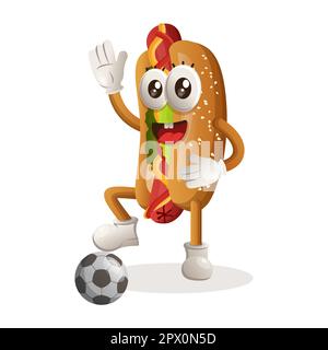 Cute hotdog mascot play football, soccer ball. Perfect for food store, small business or e-Commerce, merchandise and sticker, banner promotion, food r Stock Vector