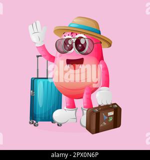 Cute pink monster on vacation carrying a suitcase. Perfect for kids, small business or e-Commerce, merchandise and sticker, banner promotion, blog or Stock Vector